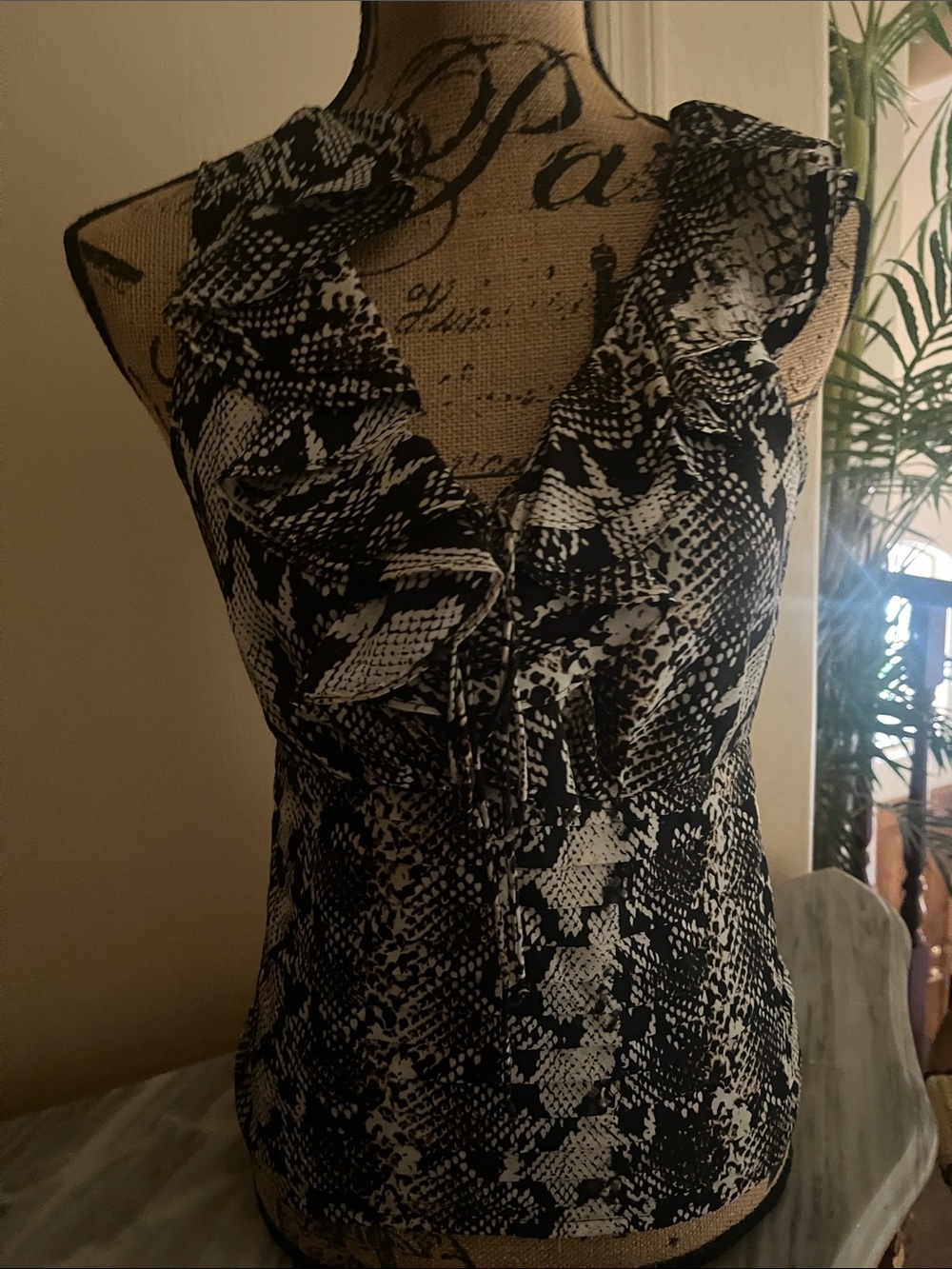 Rampage Black and Tan Snakeskin-Accent Top